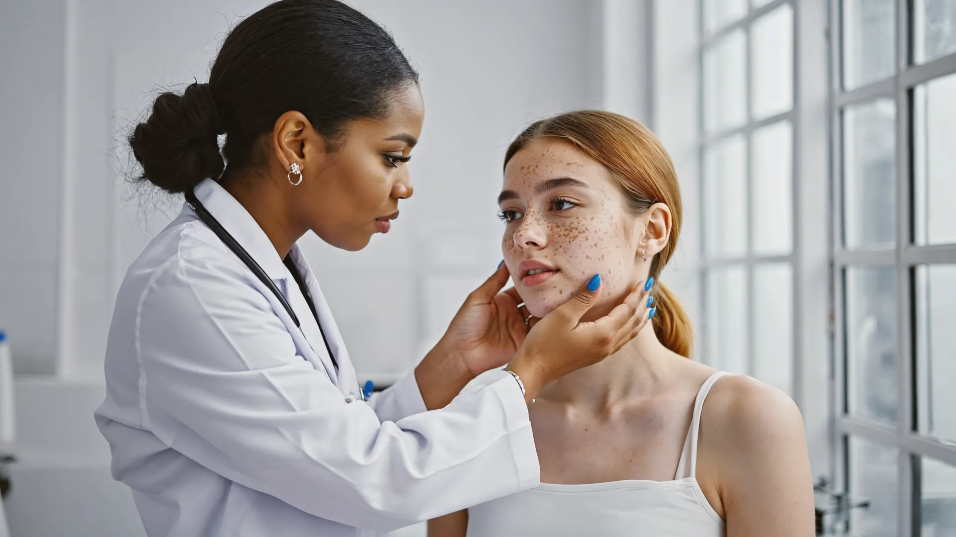 Doctor closely examining a patient's skin during an acne consultation at Amara Dublin