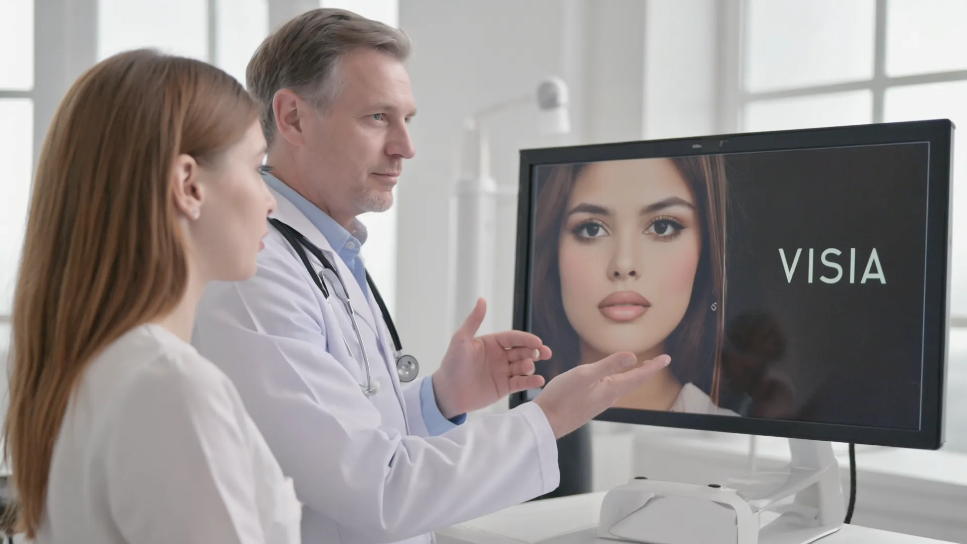 Doctor and patient reviewing VISIA skin-analysis results together on screen at Amara Dublin