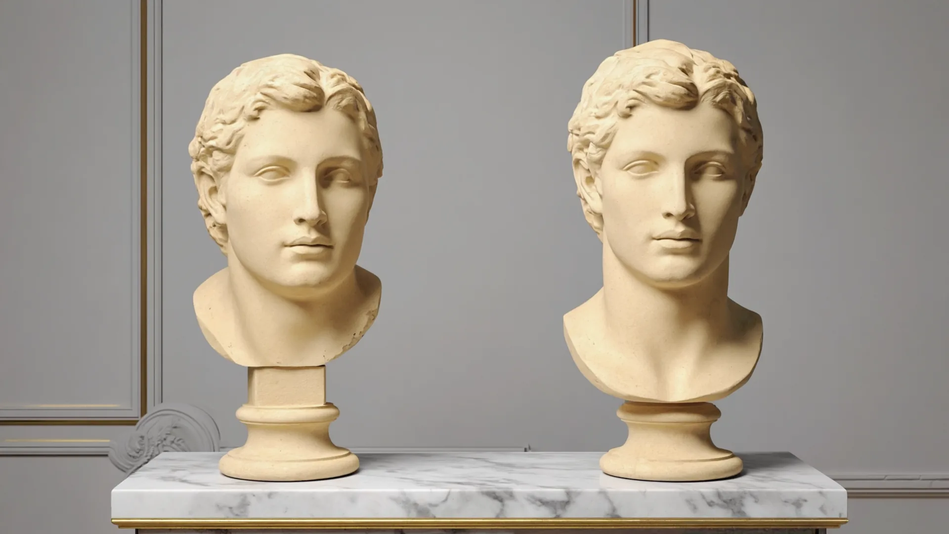 Two plaster bust sculptures in profile on a marble console, one angular-jawed and one softer-cheeked, symbolising the difference between male and female facial structure