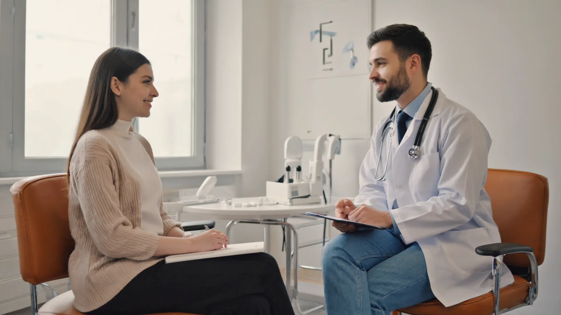 Doctor and patient having a relaxed consultation conversation in a bright Dublin aesthetic clinic room