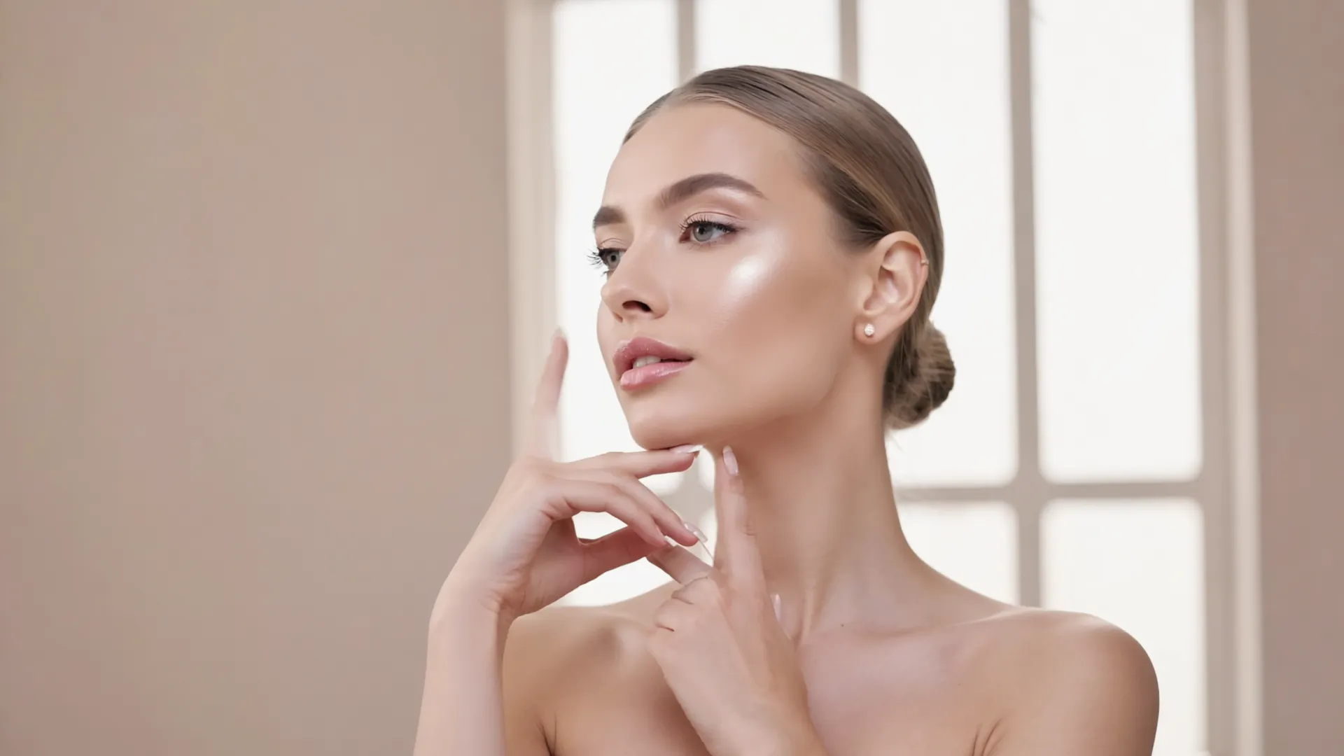 Woman gently touching her jawline, illustrating the softened lower-face profile masseter treatment can achieve