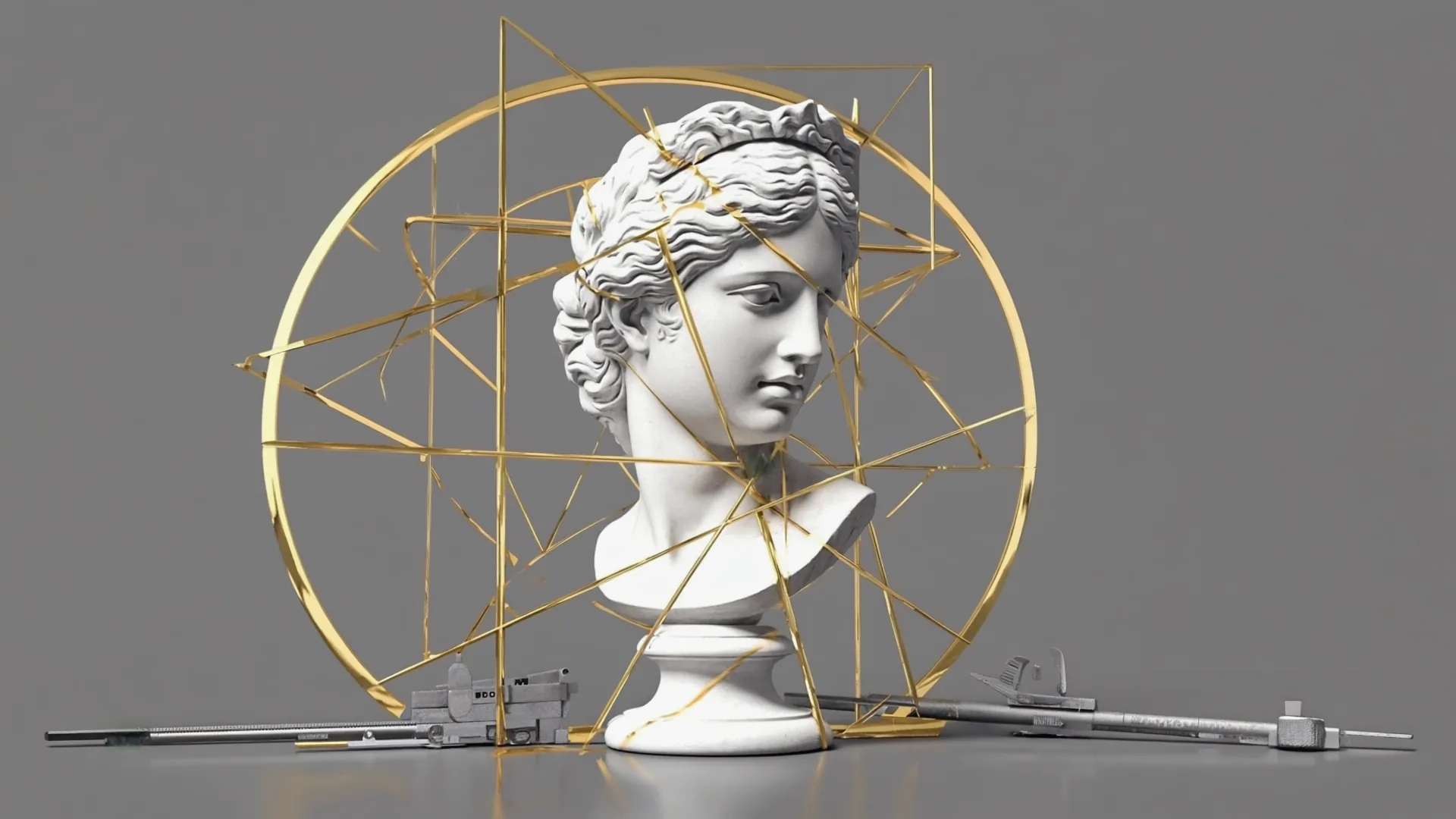Classical marble bust with a golden-ratio grid and calipers overlaid on its face, fine-art still life